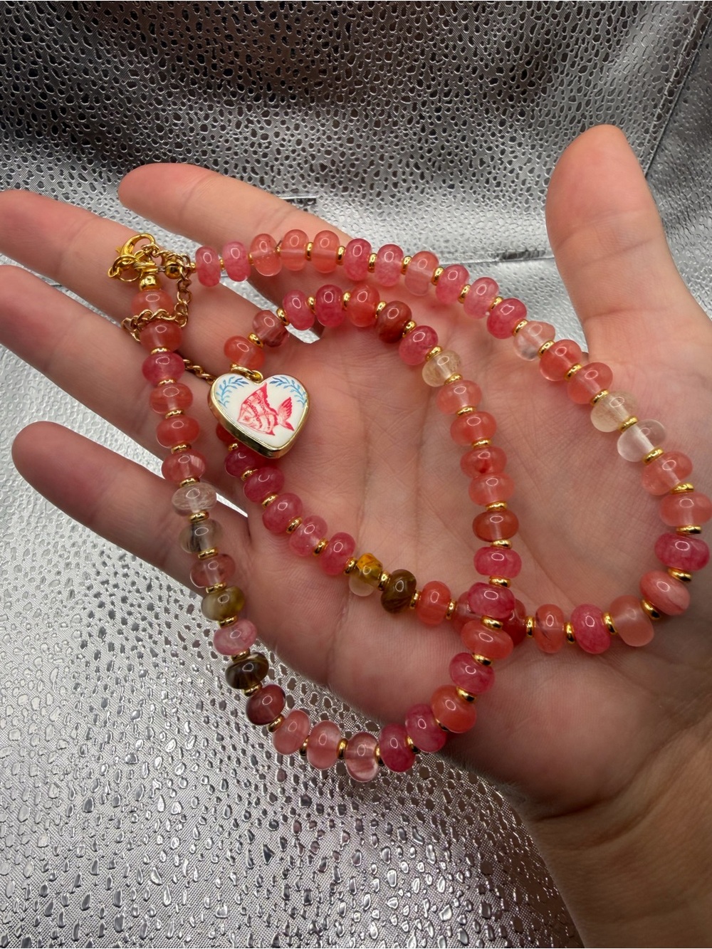 Handcrafted Pink Beaded Necklace with Heart Pendant